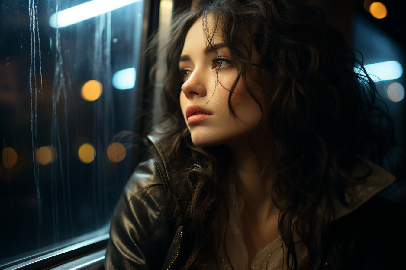 Woman looking out train window