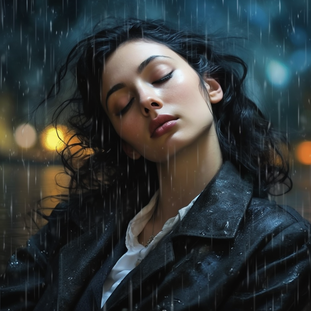 Beautiful woman sleeping in rain