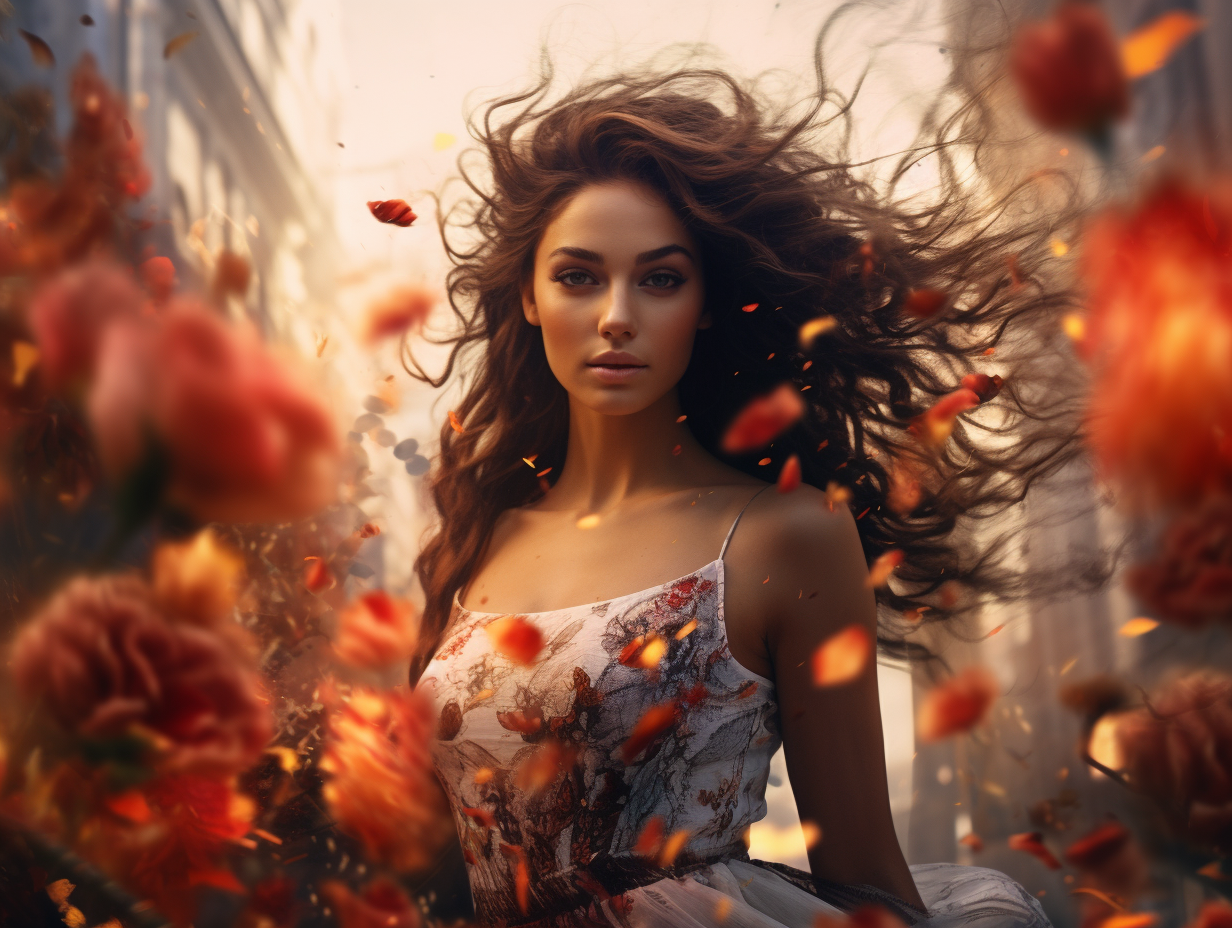 Stunning woman surrounded by swirling flowers and fire