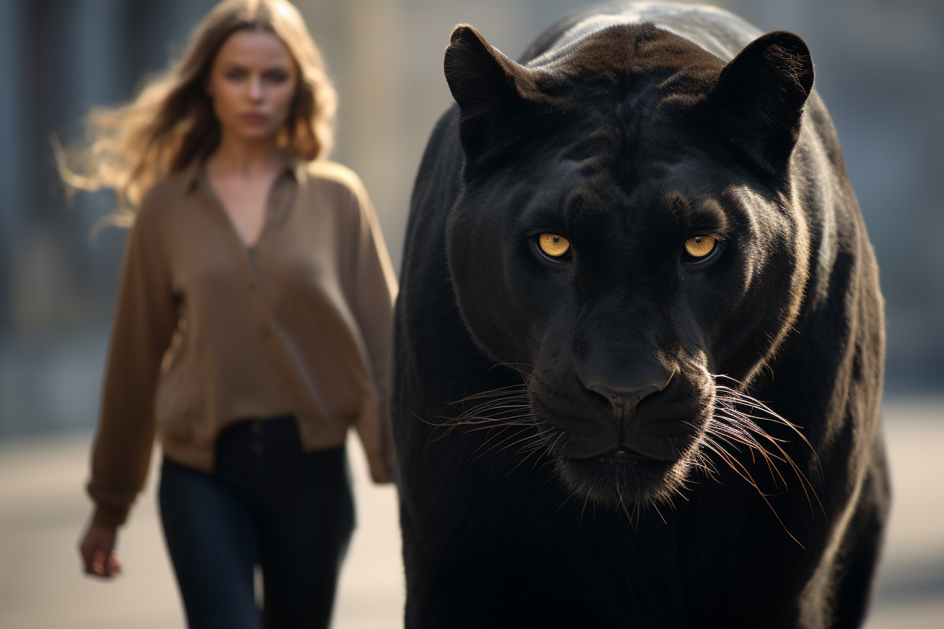 Beautiful woman walking with a black panther