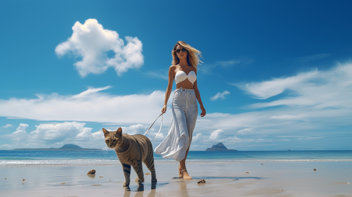 Stunning woman walking cat on Bali beach