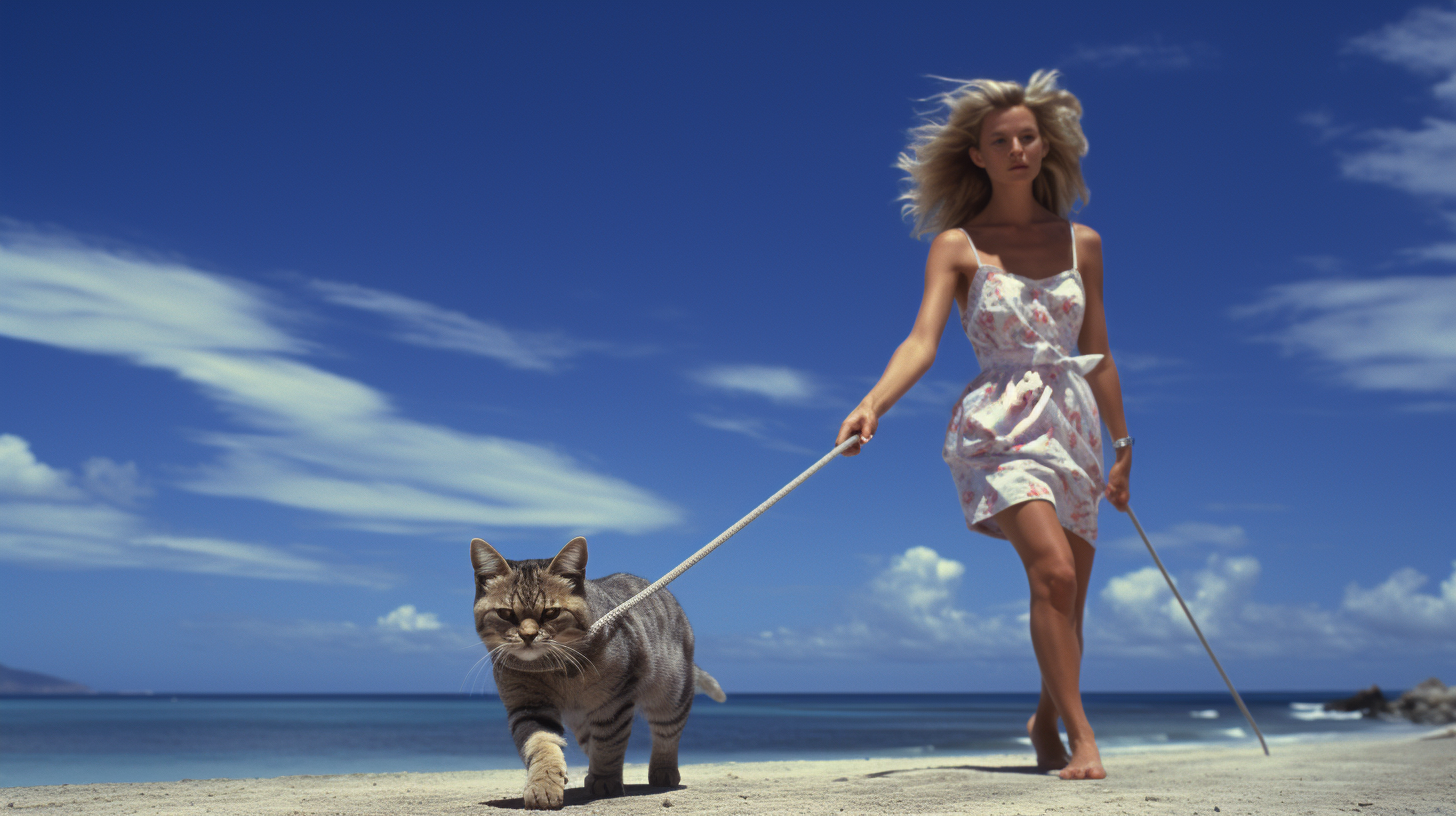 Beautiful woman walking cat on beach