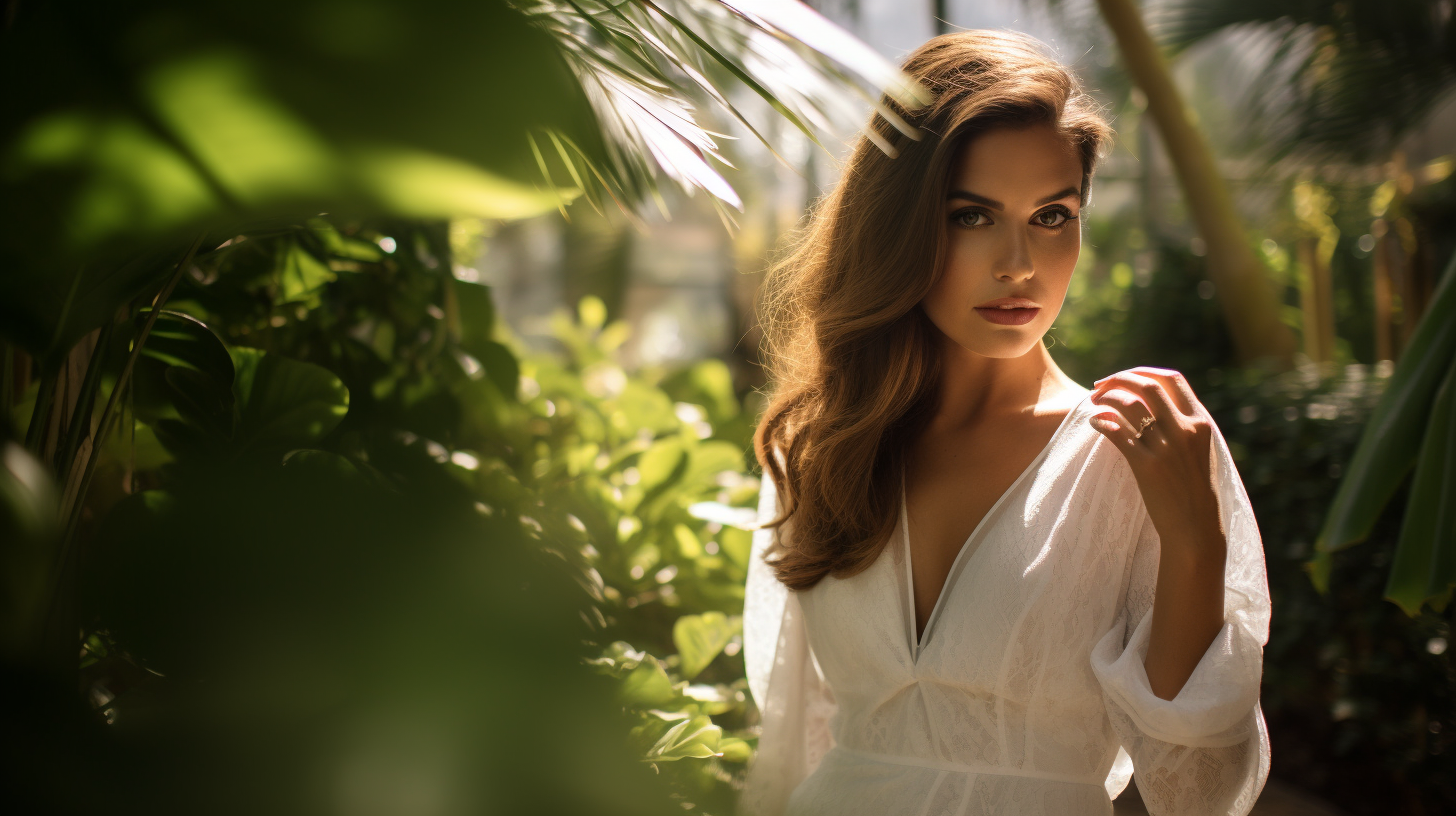 Beautiful woman in white linens dress peering behind leaves