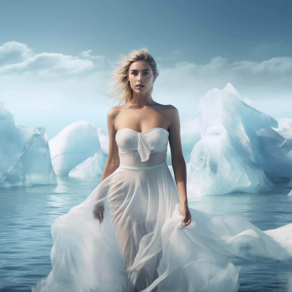 Beautiful woman in white summer dress with icebergs