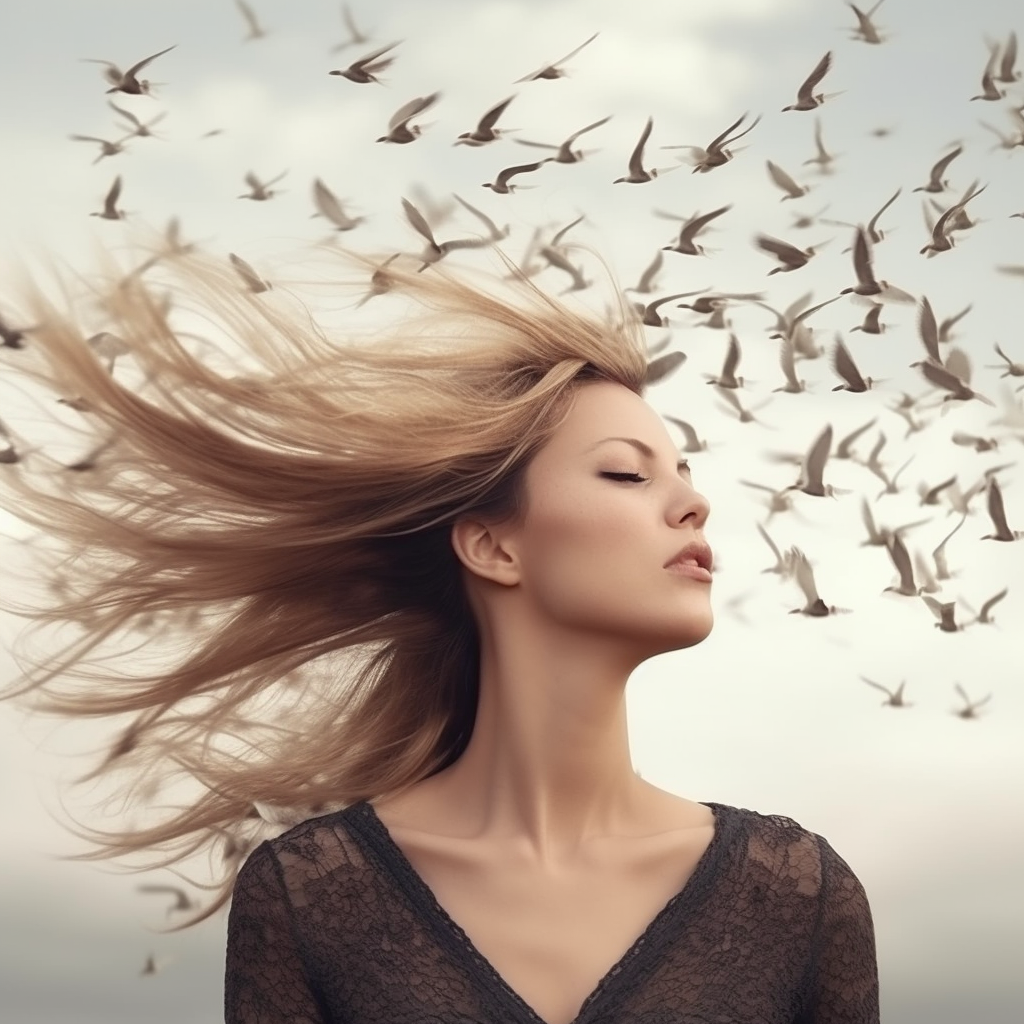 Beautiful woman with birds in her hair