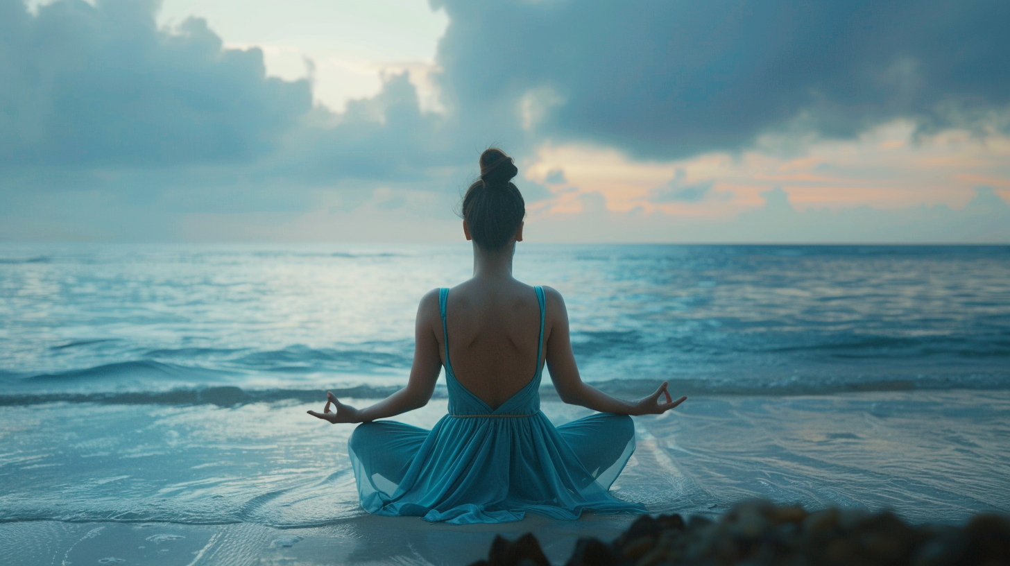 Woman doing yoga by ocean