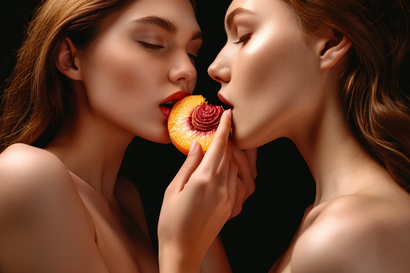 Two beautiful women enjoying a juicy peach slice