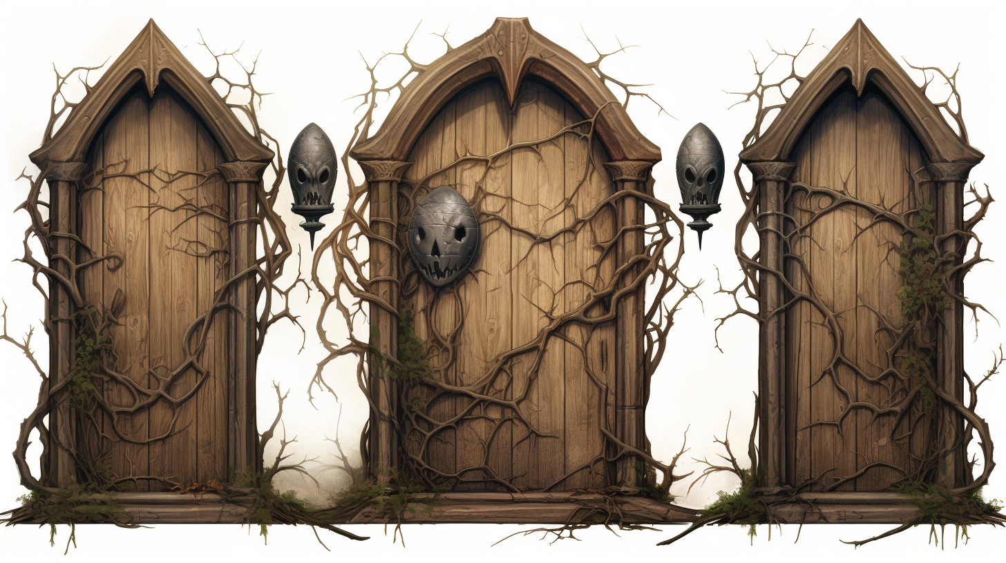 Beautiful wooden door with vines and vampire bats