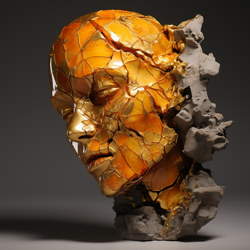 Intriguing face sculpture with golden cracks