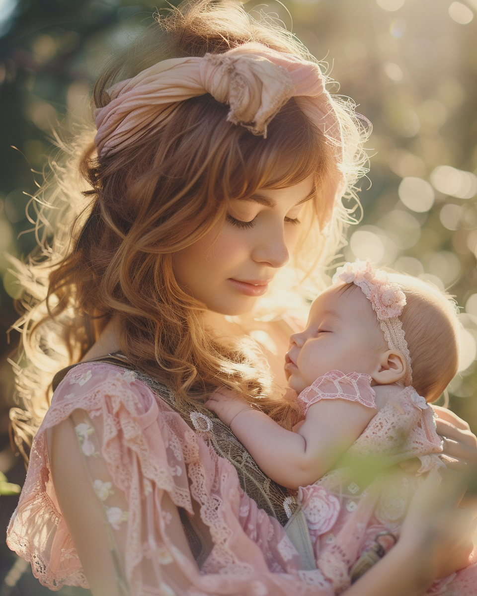 Joyful young mother and new baby in sunlight