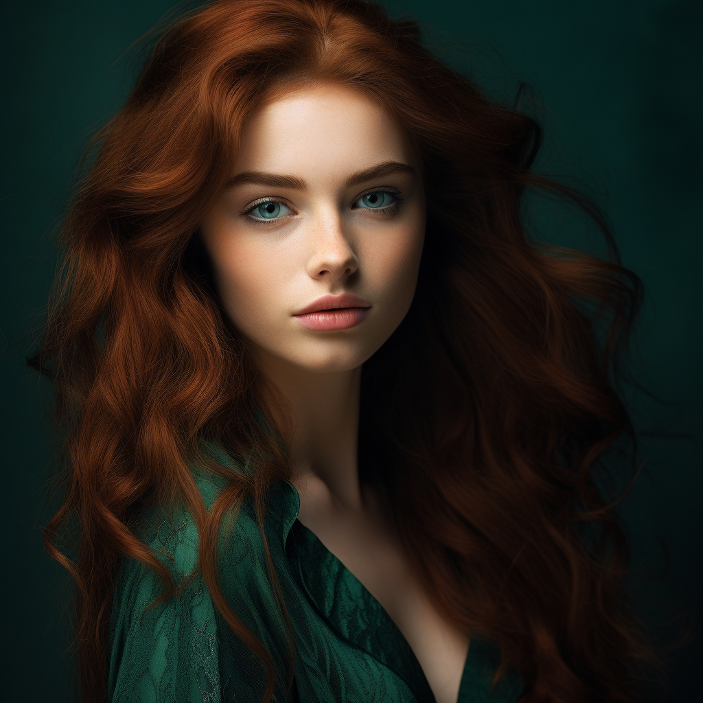 Woman with Dark Copper Brown Hair and Teal Eyes