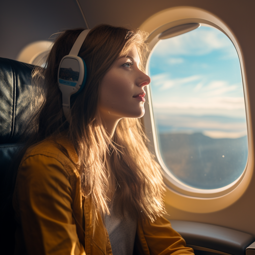 Woman admiring stunning airplane landscape through window