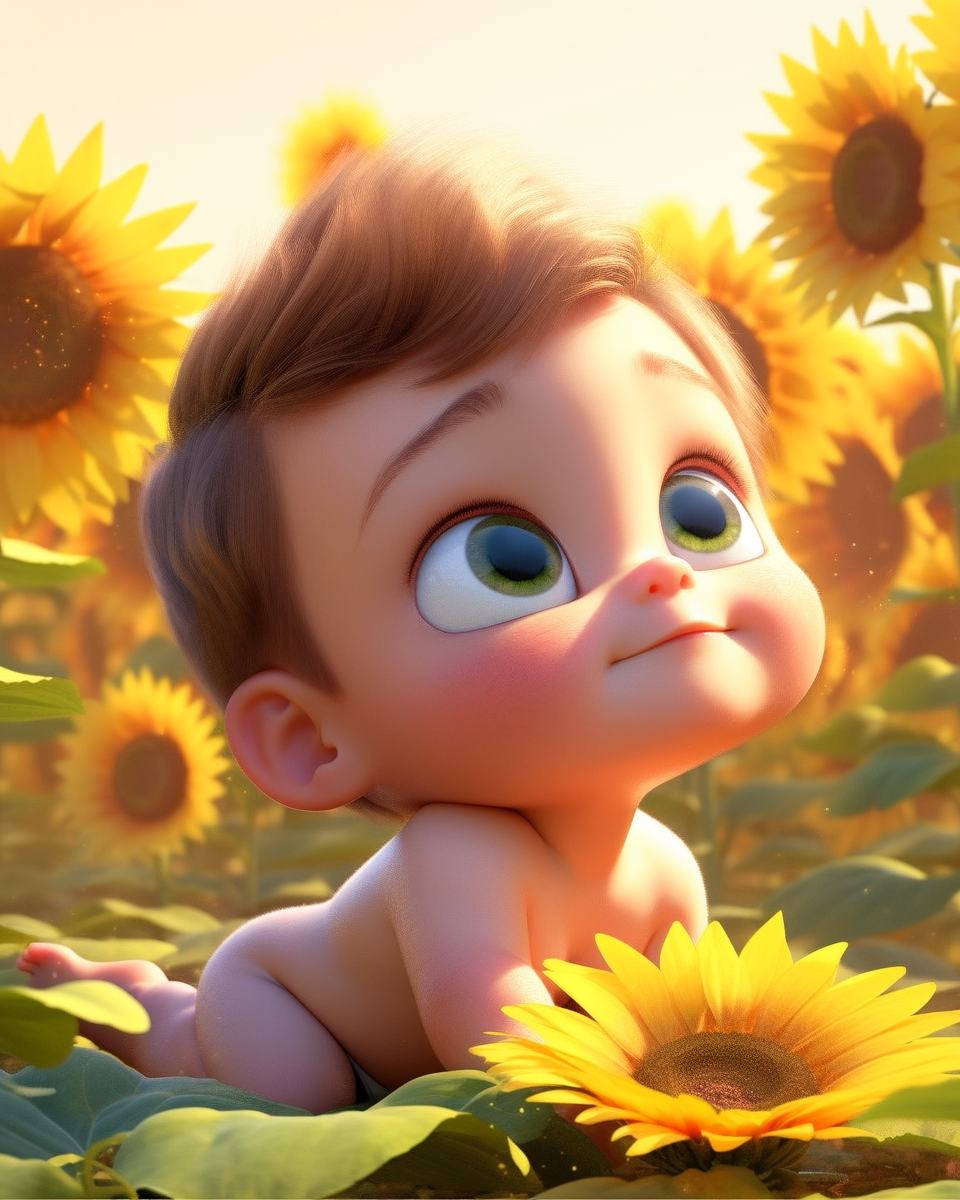 Adorable baby holding sunflower in forest