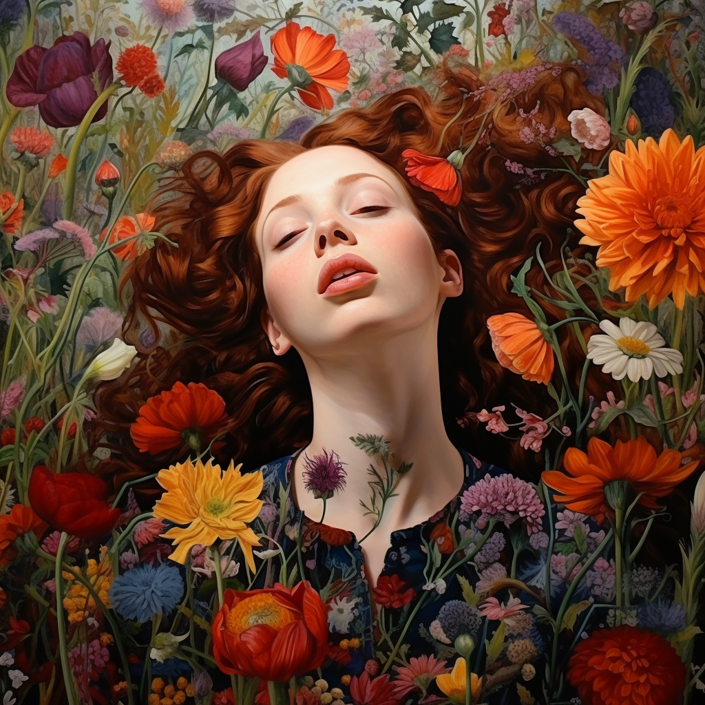 Woman immersed in vibrant flowers