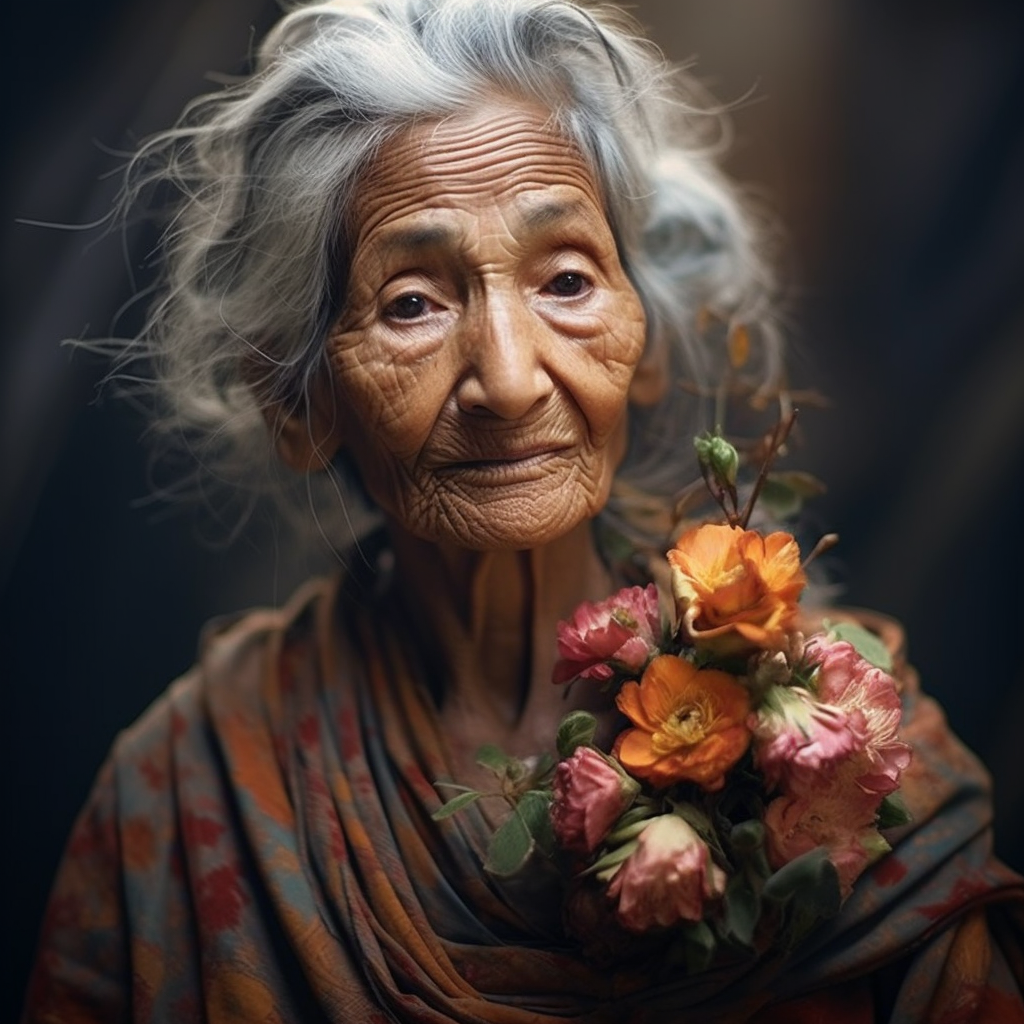 Woman wearing a beautiful long dress with rare flowers