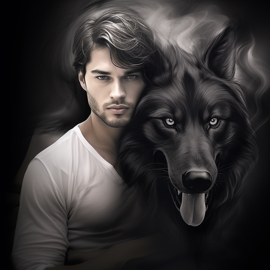 Dark man holding black wolf