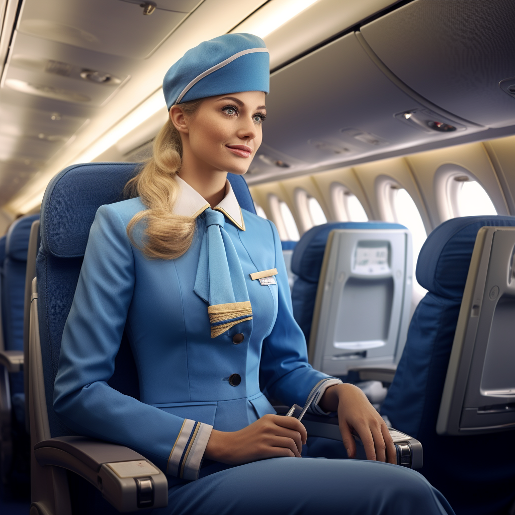 Stunning stewardess posing in hyperrealistic plane photography