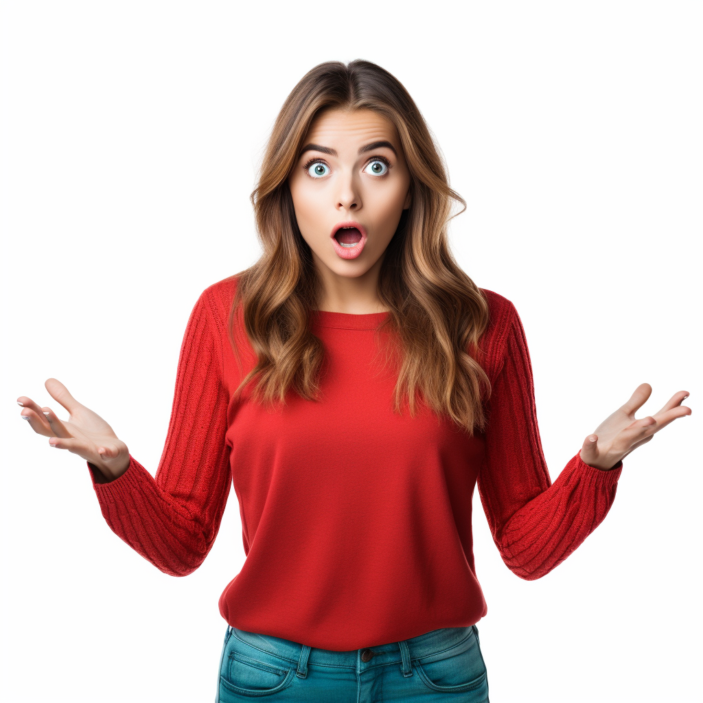 Surprised girl in red clothes pointing right