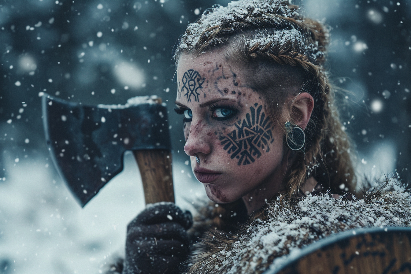 Viking shield maiden with hand axe in snowy forest