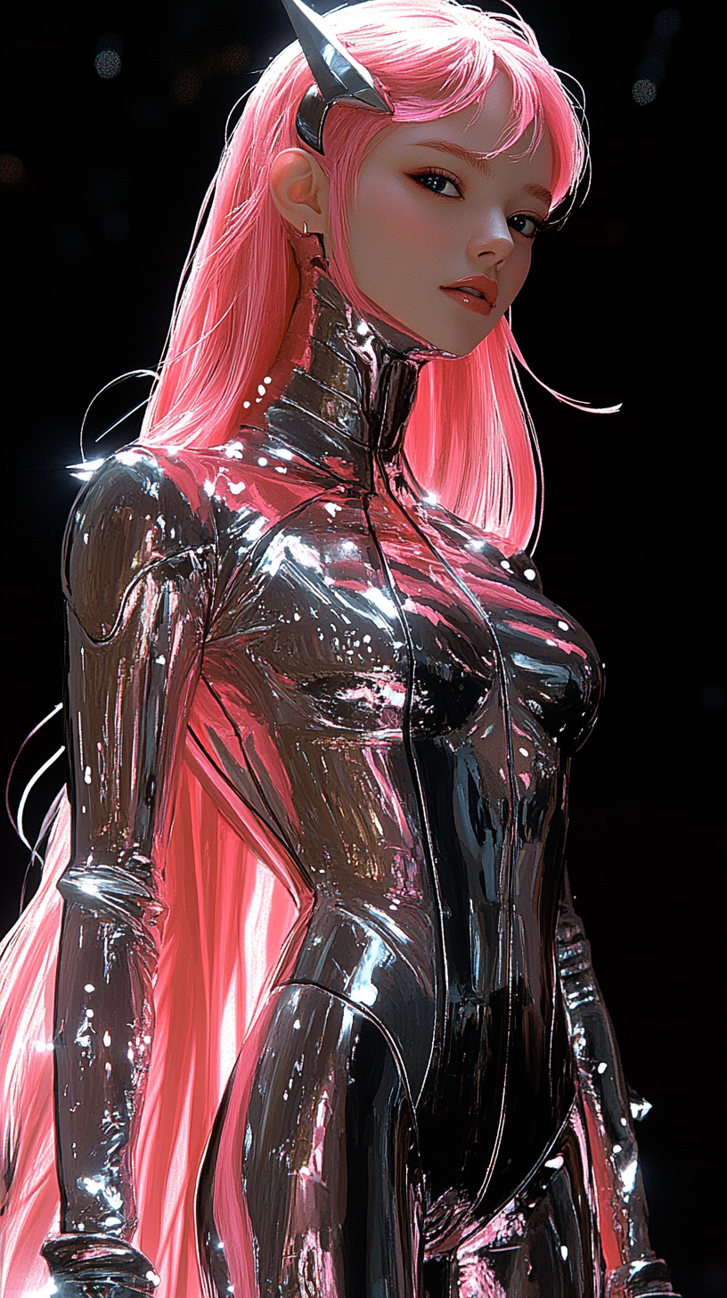 Beautiful villain woman, pink hair, chrome suit