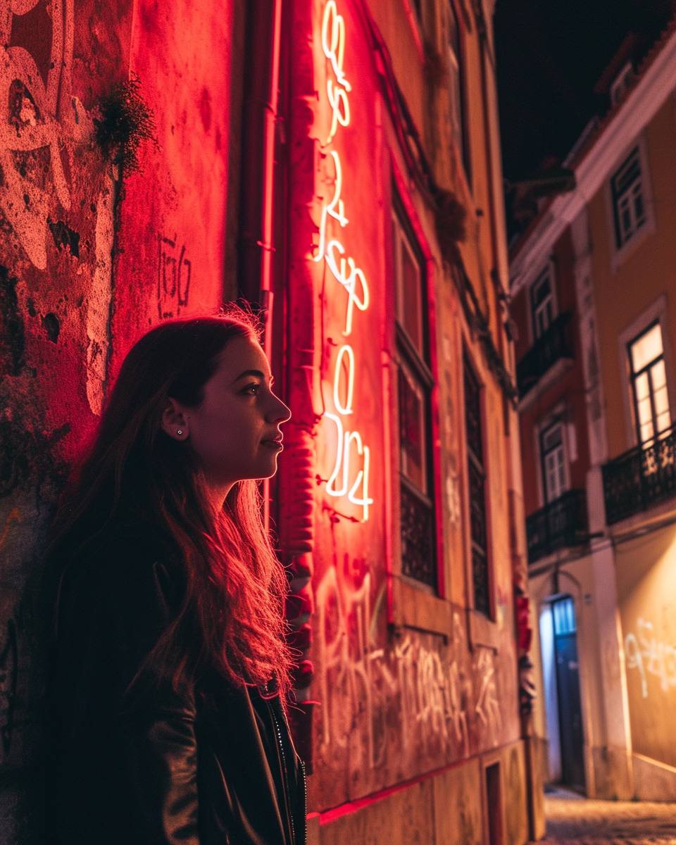 Gorgeous woman in front of neon building