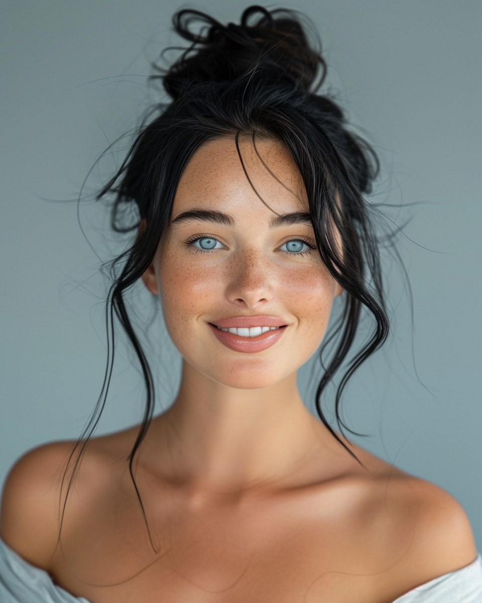 Woman with long black hair and blue eyes smiling