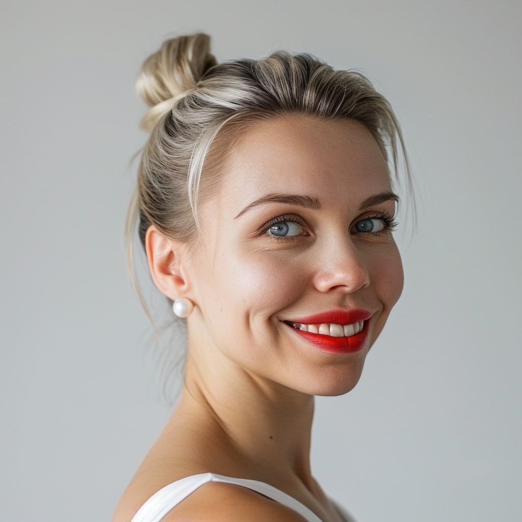 Beautiful woman with high ponytail and pearl earring