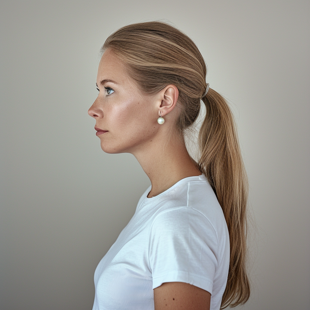 Beautiful woman with blonde hair and pearls