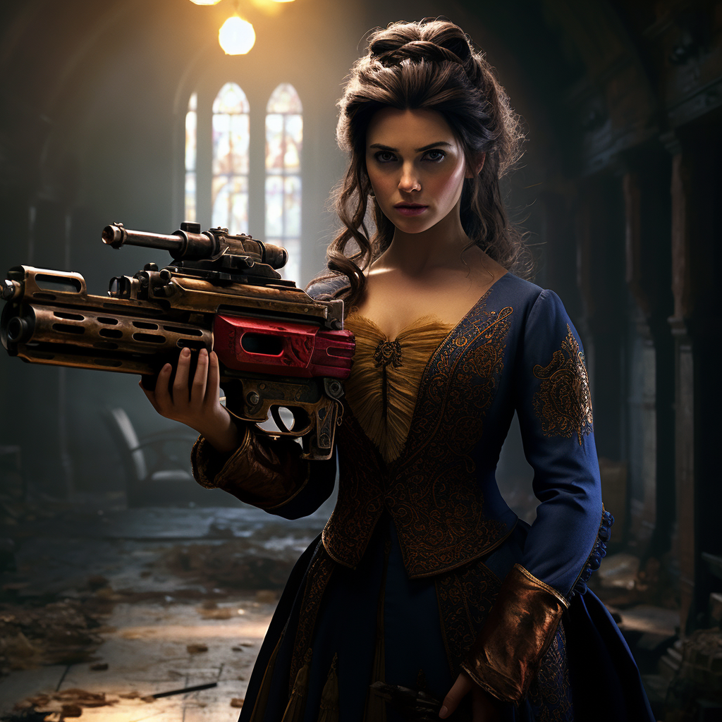 Disney's Beauty and the Beast with Futuristic Railgun Rifle