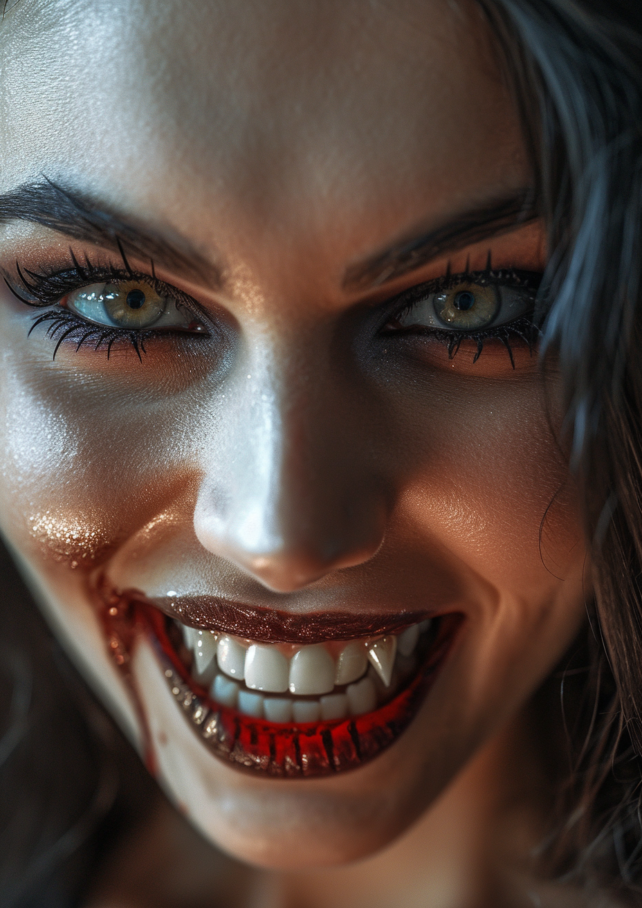 Close up of stunning model with vampire fangs