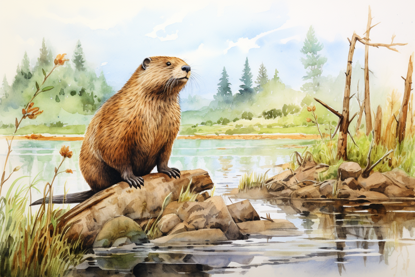 Beaver standing on hind legs by a fallen tree at the edge of a lake