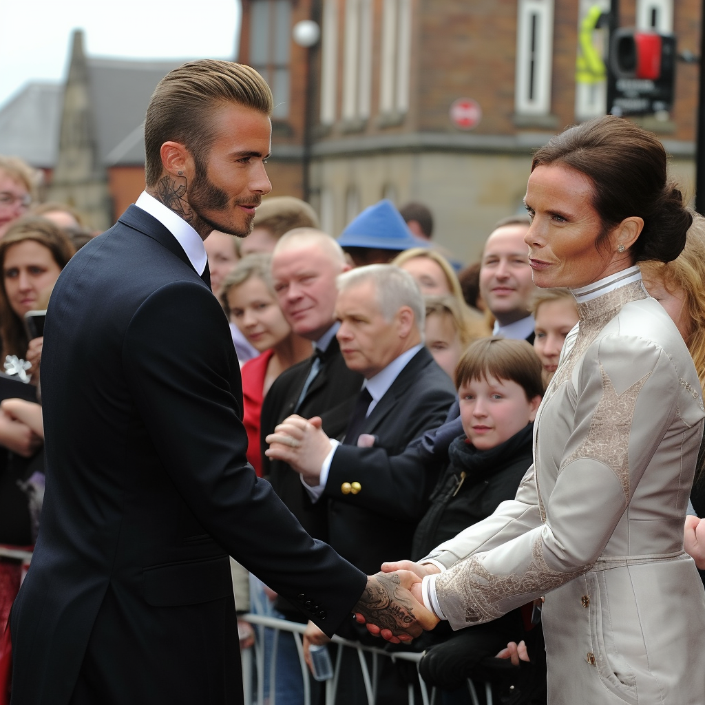 David and Victoria meeting Queen Elizabeth in Omagh