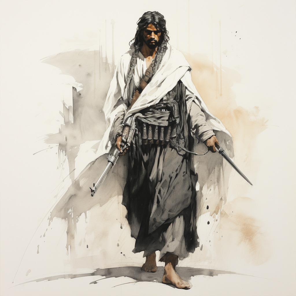 Bedouin with Arabic sword in desert