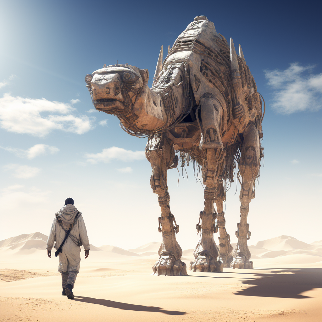 Bedouin walking in front of Maschine camel on desert planet