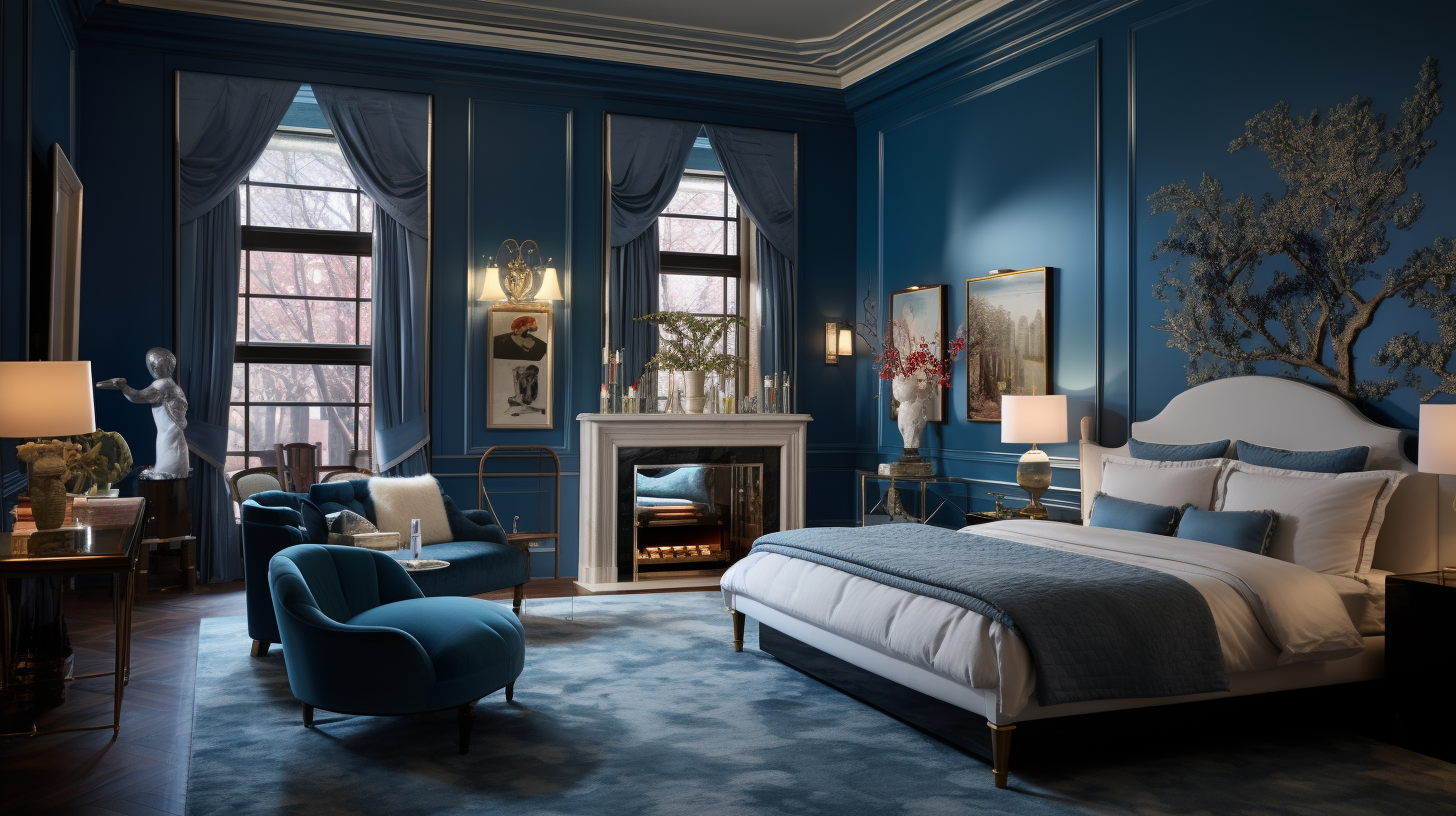 Beautiful bedroom with blue walls