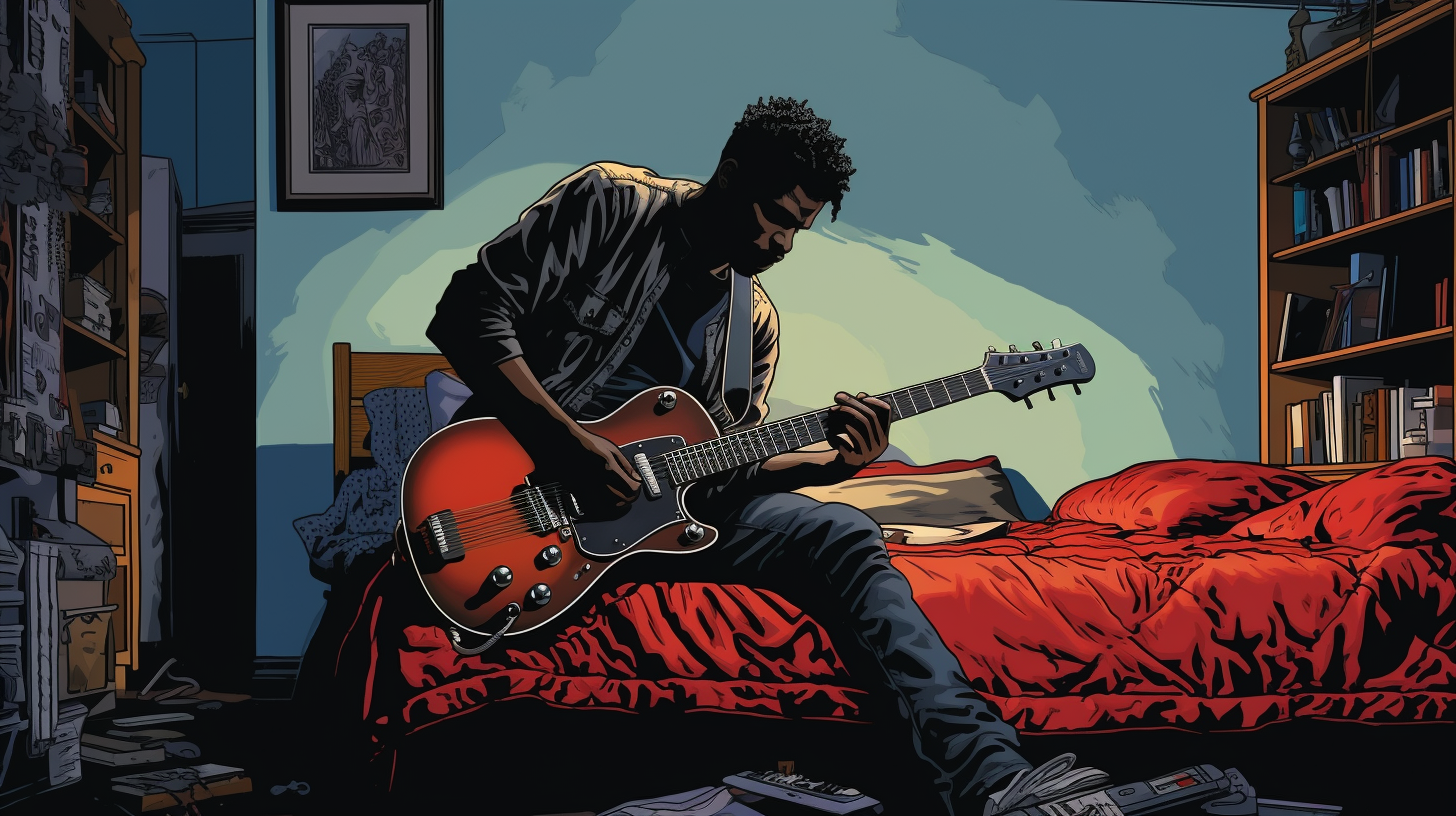 Bedroom musician playing black guitar