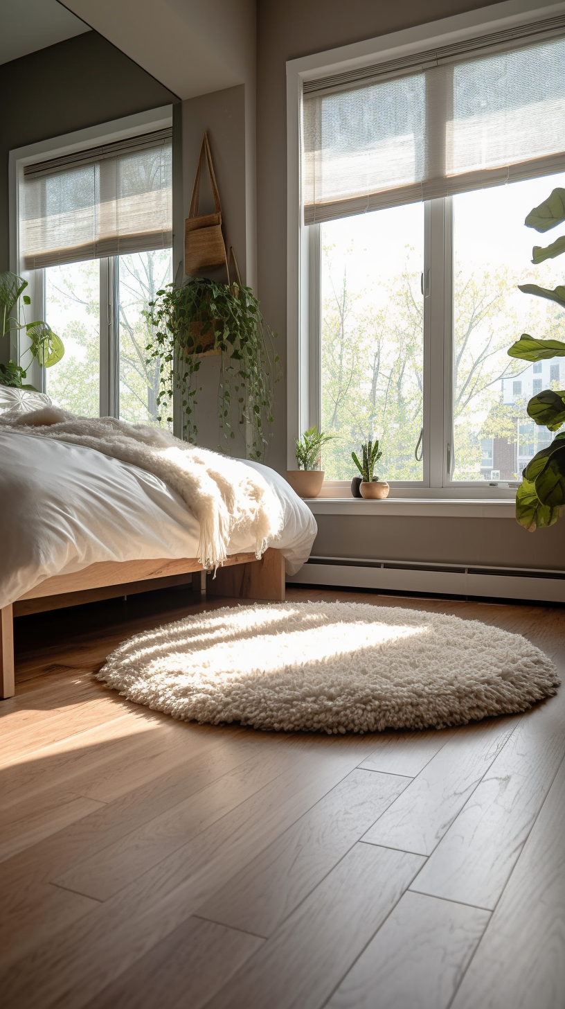 Interior of bedroom with white area rug