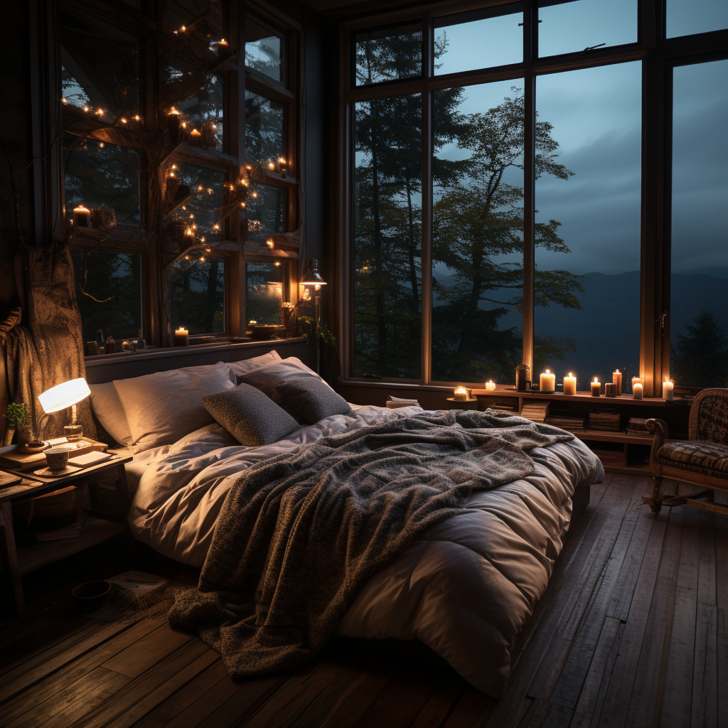 Cozy bedroom with wooden floor and big window at night