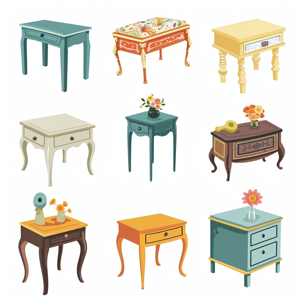 Cartoon-style bedside tables in desaturated colors