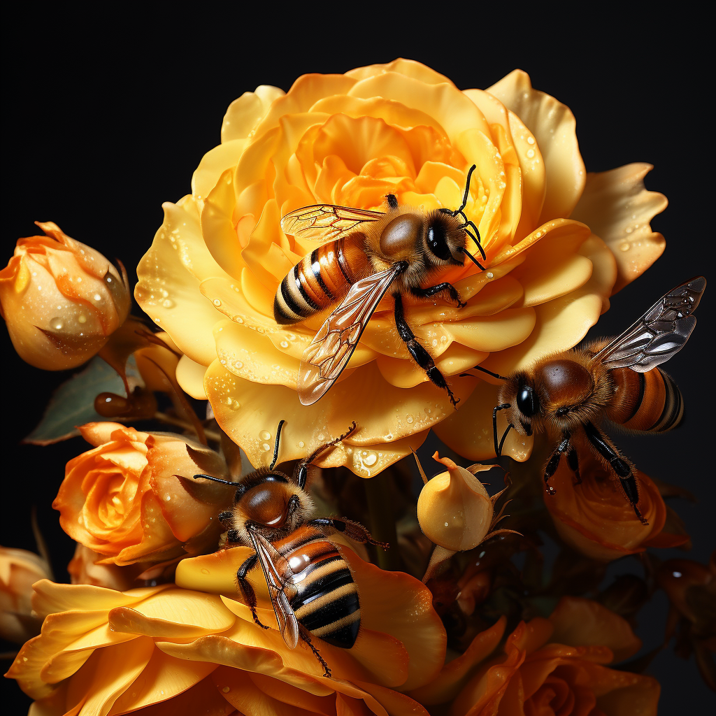 Honey bee with Banksy art deco flowering rose