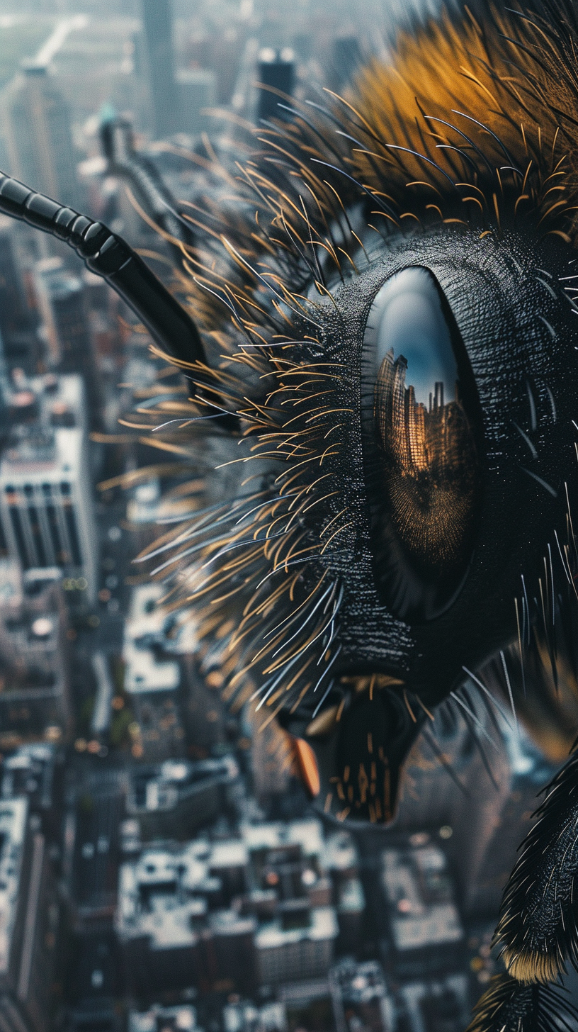 Bee's face with city reflection