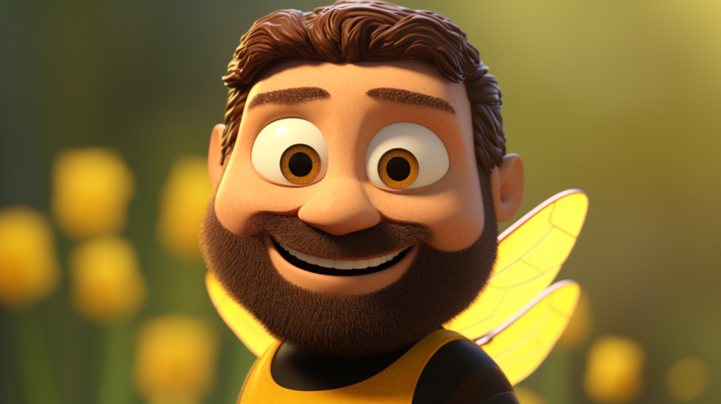 Anthropomorphized bee man with a friendly smile