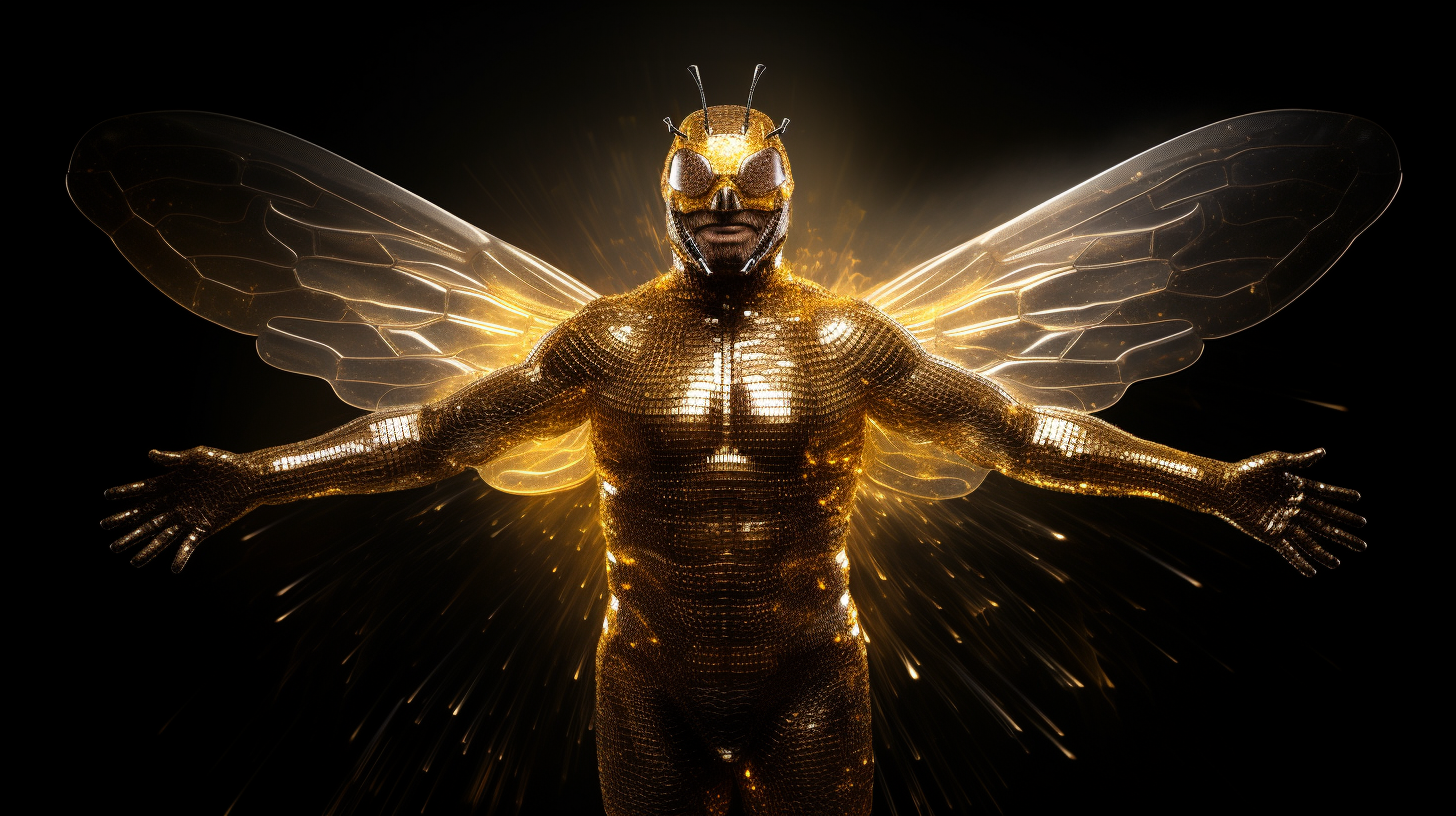 Golden Crystalline bee superhero on dark background