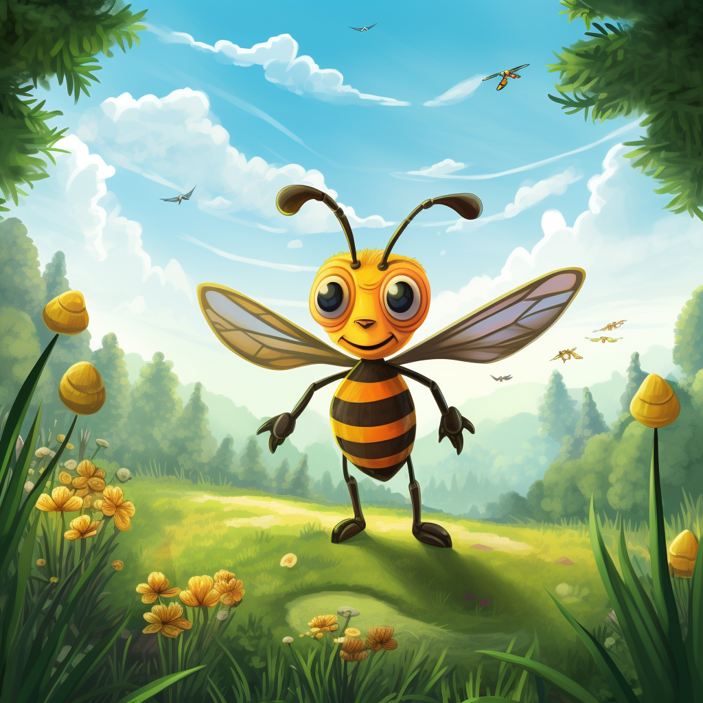 Adorable bee with sharp stinger in green field