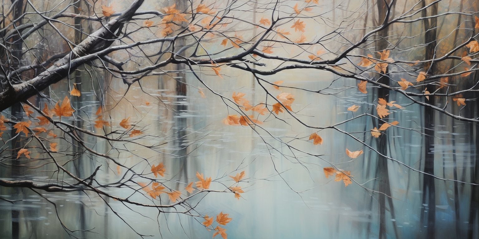 Beech tree branches reflecting on a lake