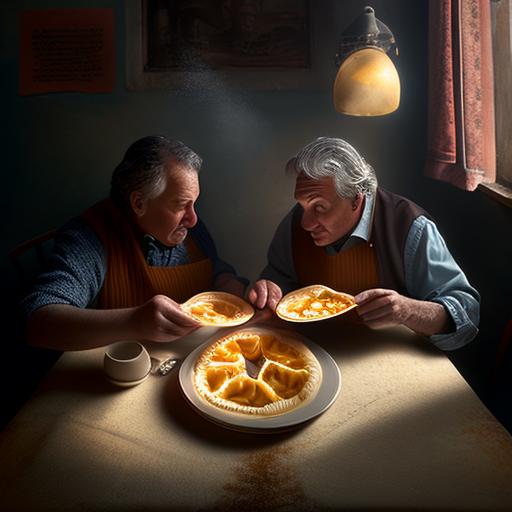 Two people enjoying beef ravioli