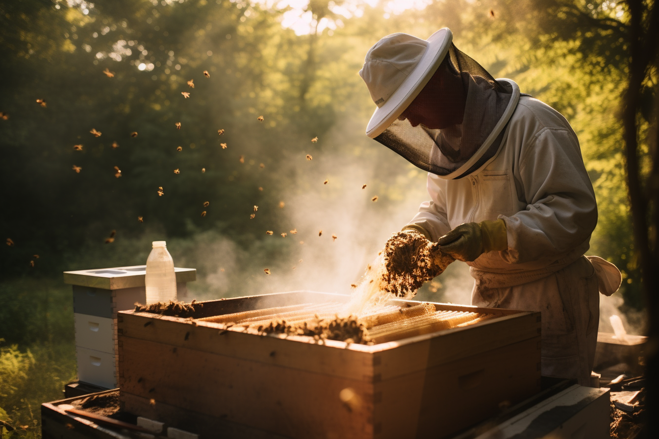 Beekeeper tending to bees in apiary