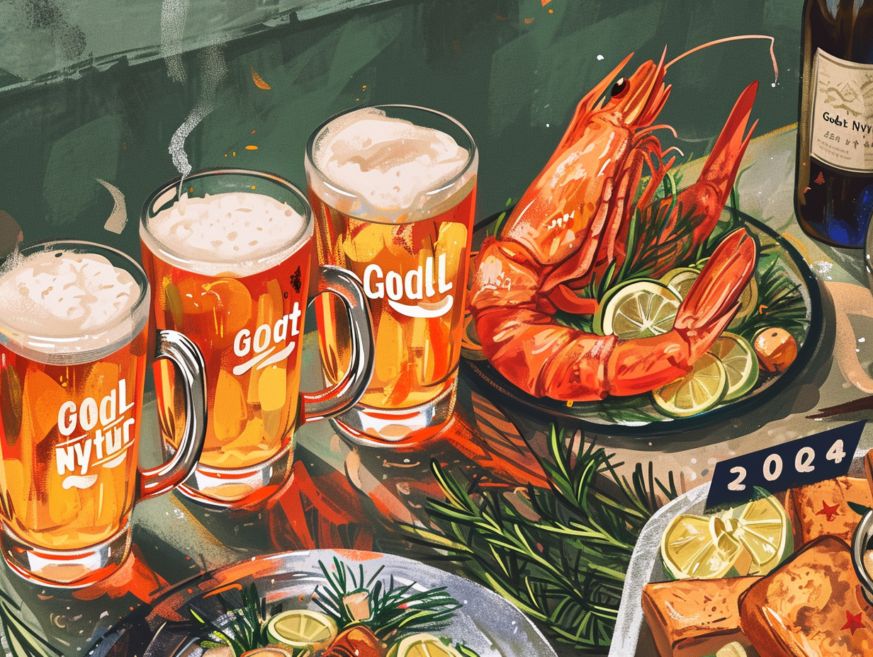 Illustration of beer and food for New Year's celebration