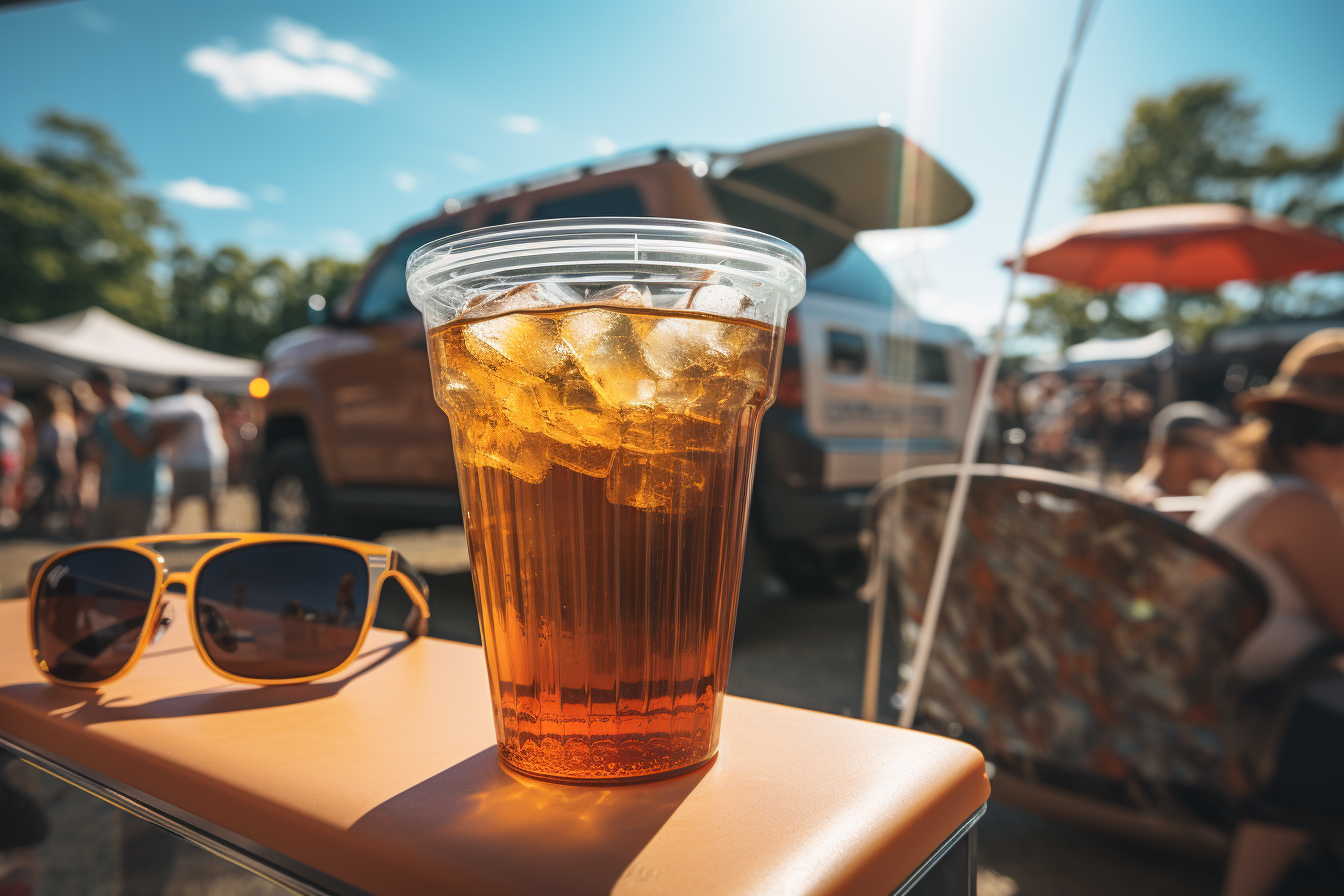 Beer glass on cooler at tailgate party