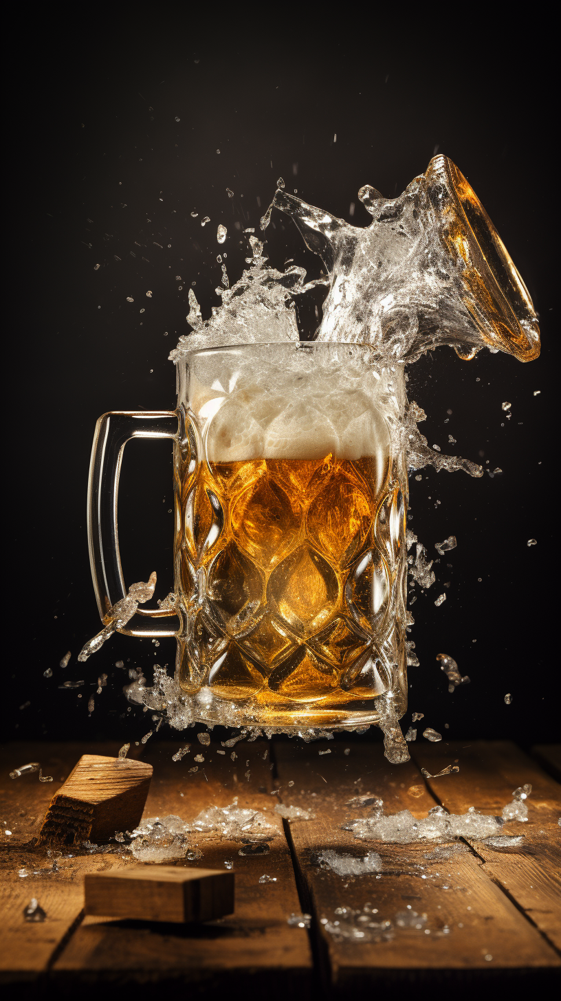 shattered beer mug with broken glass